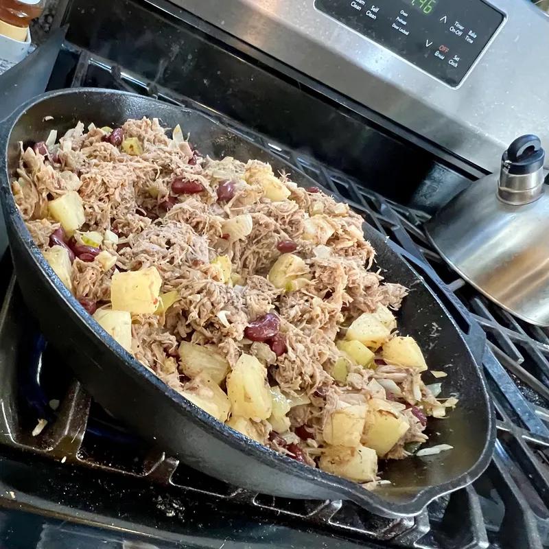 Tangy Pineapple Pulled Pork with Pickles and Beans