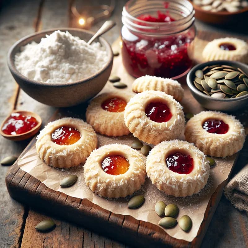 Coconut Pumpkin Seed Thumbprint Cookies with Raspberry Jam