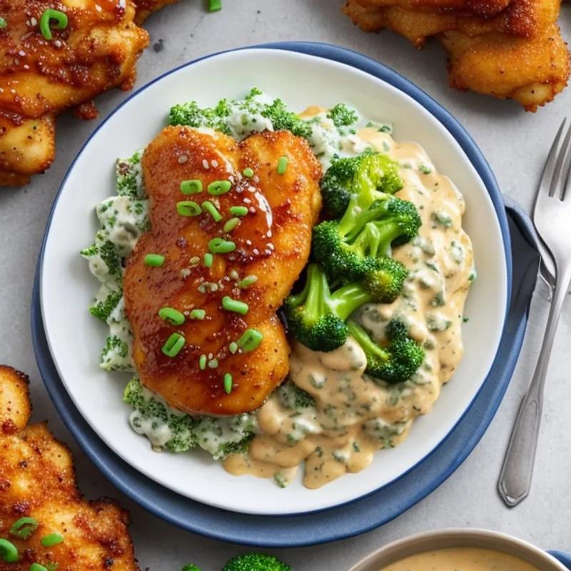 Crispy Honey Pepper Chicken with Creamy Broccoli Cheese Sauce