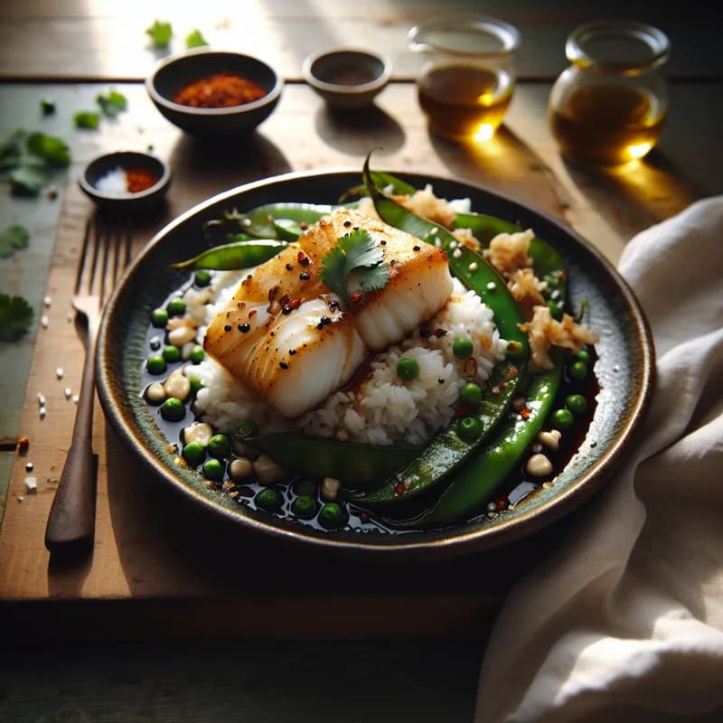 Asian-Inspired Sous Vide Cod with Rice and Snow Peas