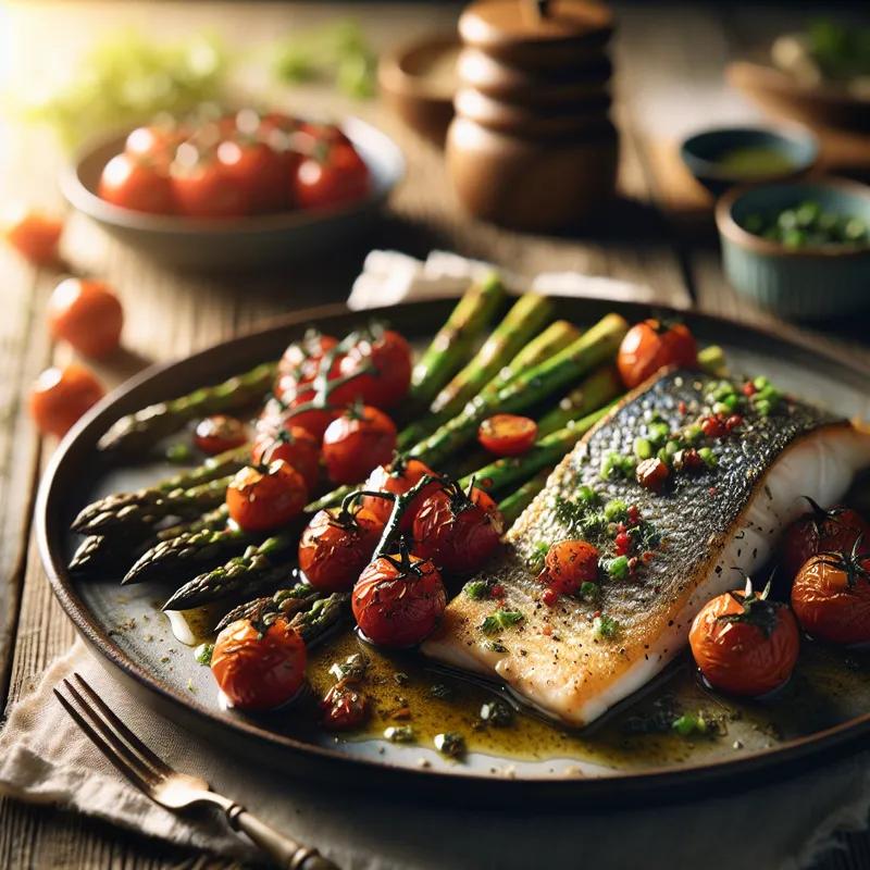 Mediterranean Herb-Crusted Sea Bass with Roasted Cherry Tomatoes and Asparagus