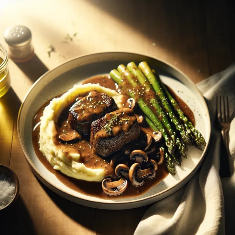 Make-Ahead Sous Vide Beef Tips with Mushroom Gravy and Roasted Asparagus