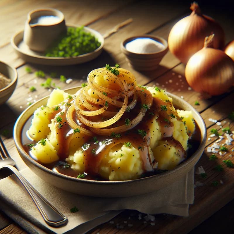 Hearty Herb-Roasted Mashed Potatoes with Savory Onion Gravy