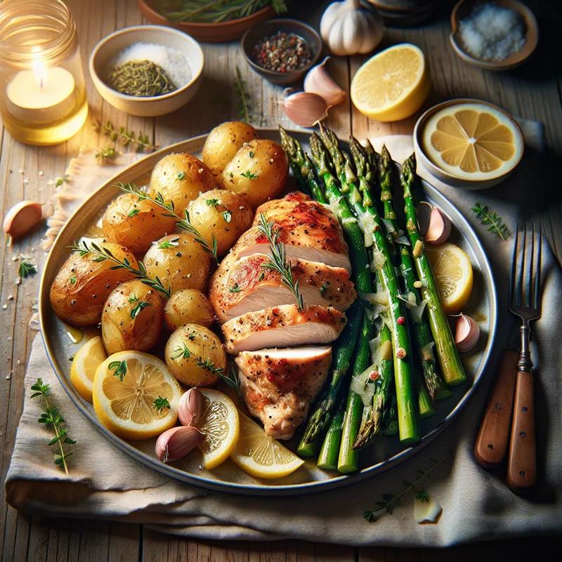 Savory Garlic Herb Chicken with Lemon Asparagus and Parmesan Potatoes