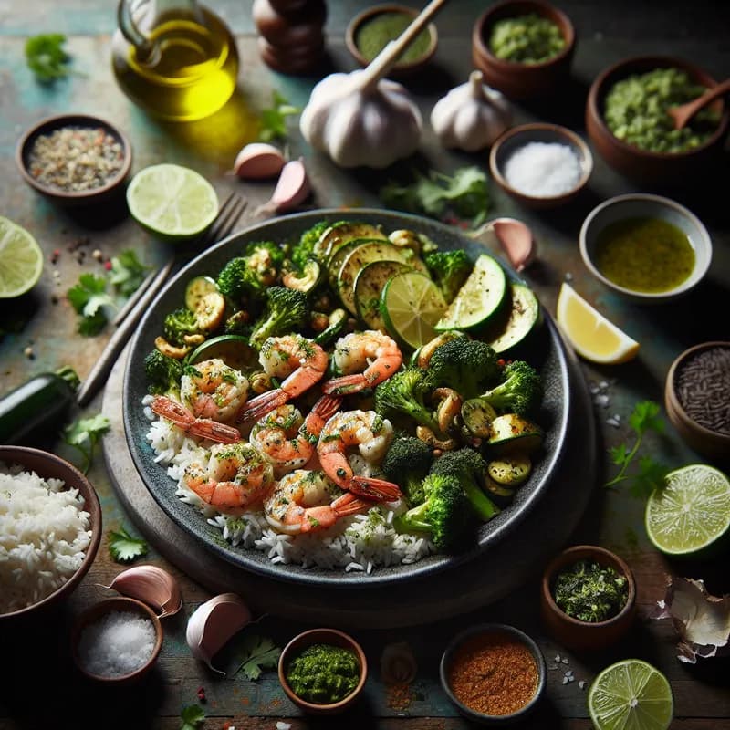 Cilantro Lime Shrimp with Garlic Broccoli and Pesto Zucchini over Rice