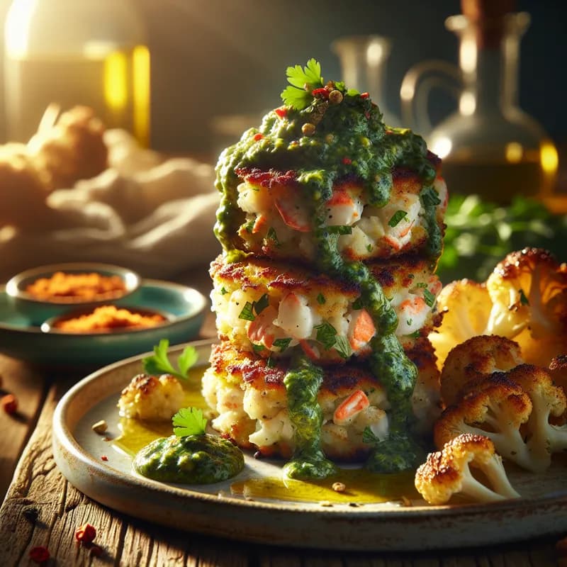 Crab Cake Stack with Chimichurri and Cauliflower