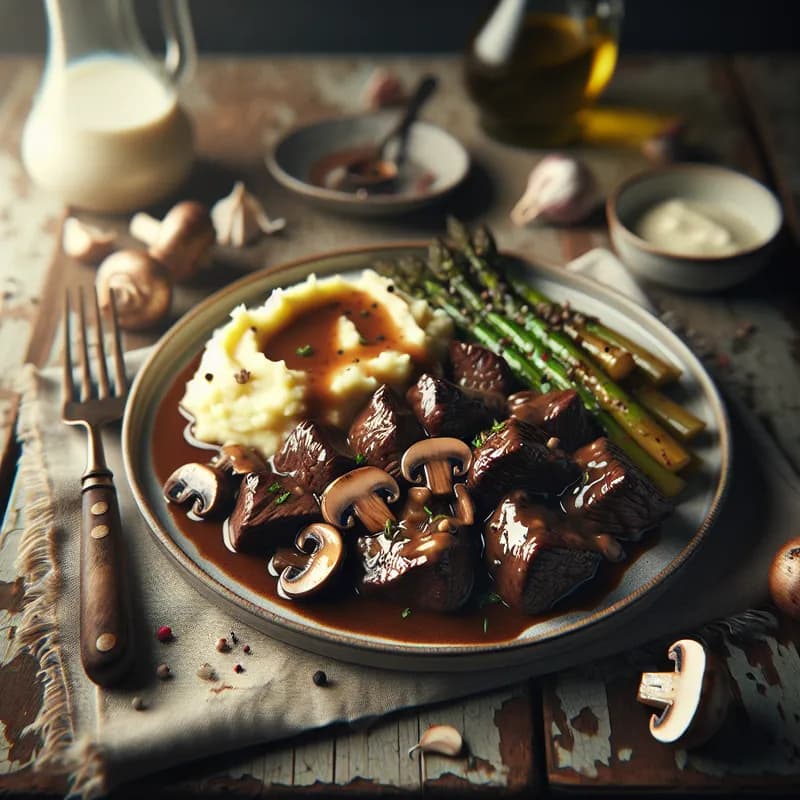 Succulent Sous Vide Beef Tips with Mushroom Gravy and Roasted Asparagus