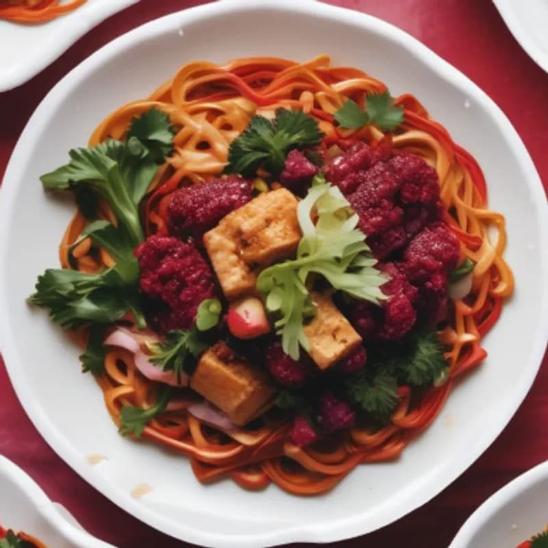 Fiery Crimson Noodles with Crispy Tofu