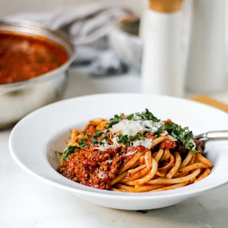 Bucatini with Hearty Meatballs and Fresh Sauce