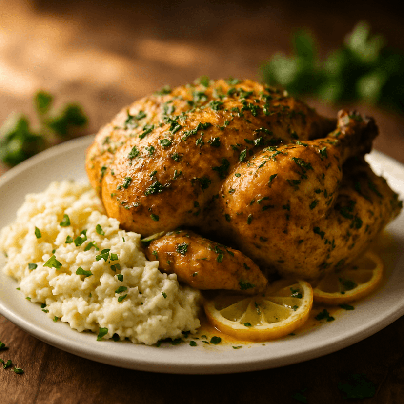 Herbed Roast Chicken with Garlic Cauliflower Mash