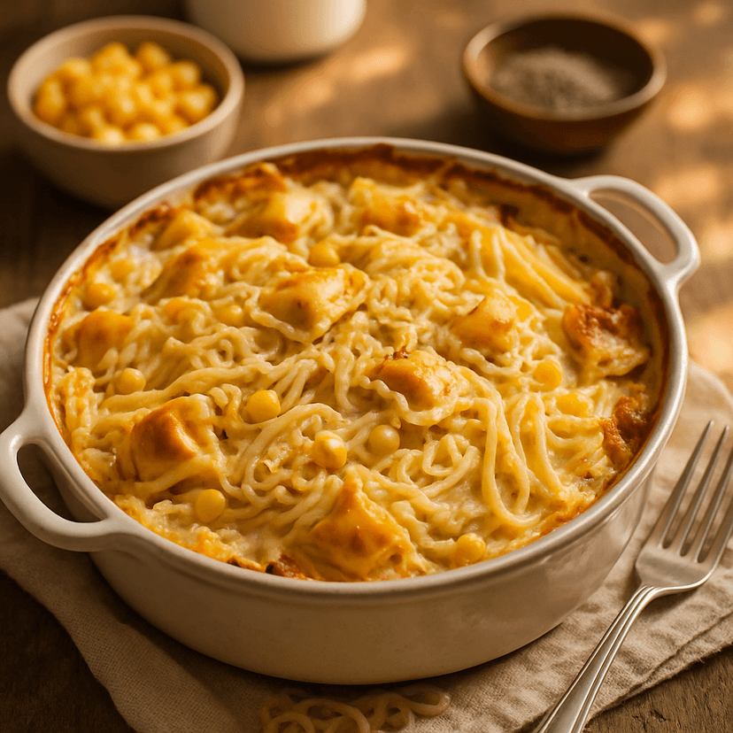 Creamy Ravioli Ramen Fettuccine Bake