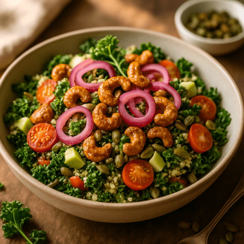 Kale Quinoa Salad with Pickled Pink Onion & Candied Cashews
