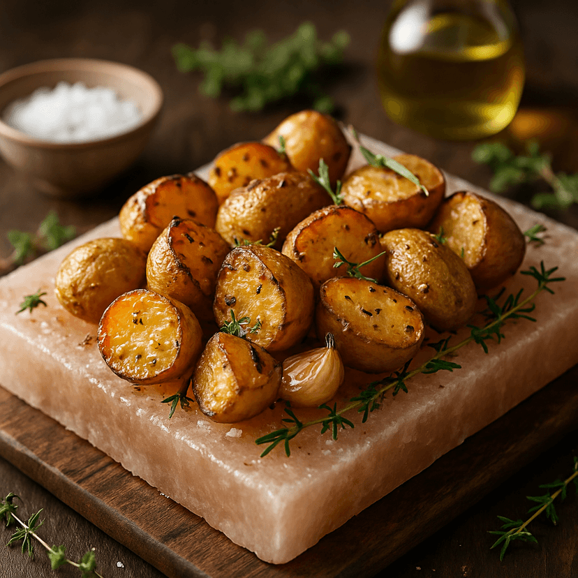 Rustic Garlic Roasted Potatoes on Salt Block