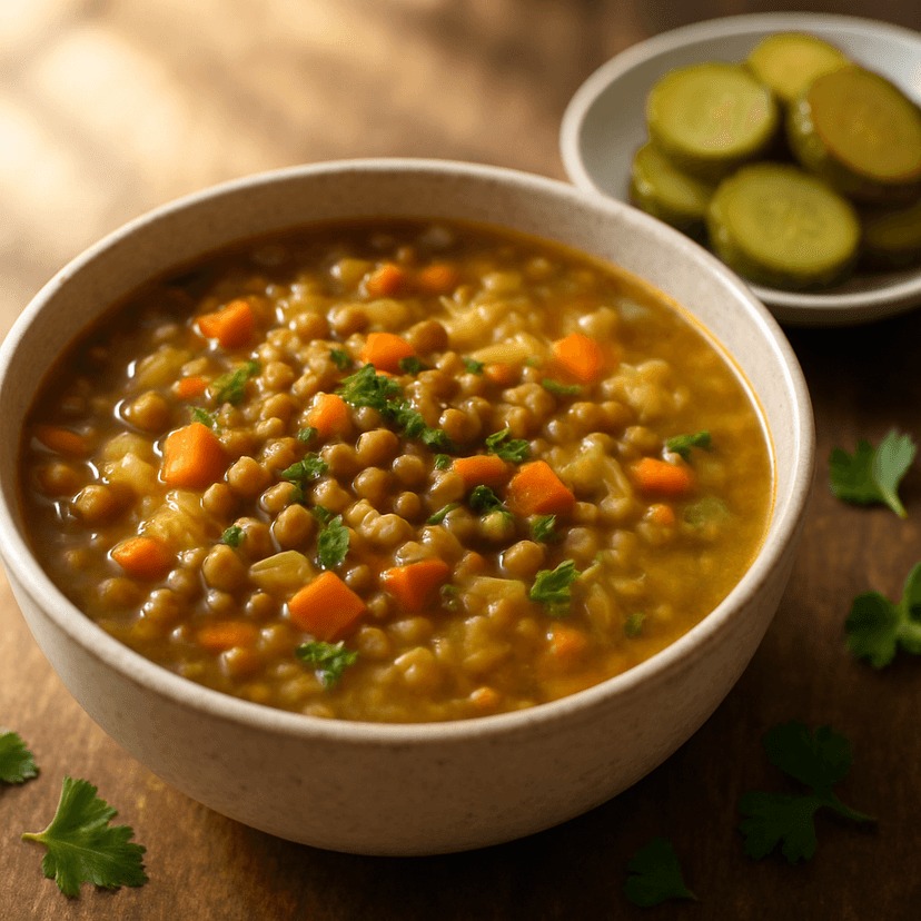 Hearty Lentil Soup with Crunchy Pickles