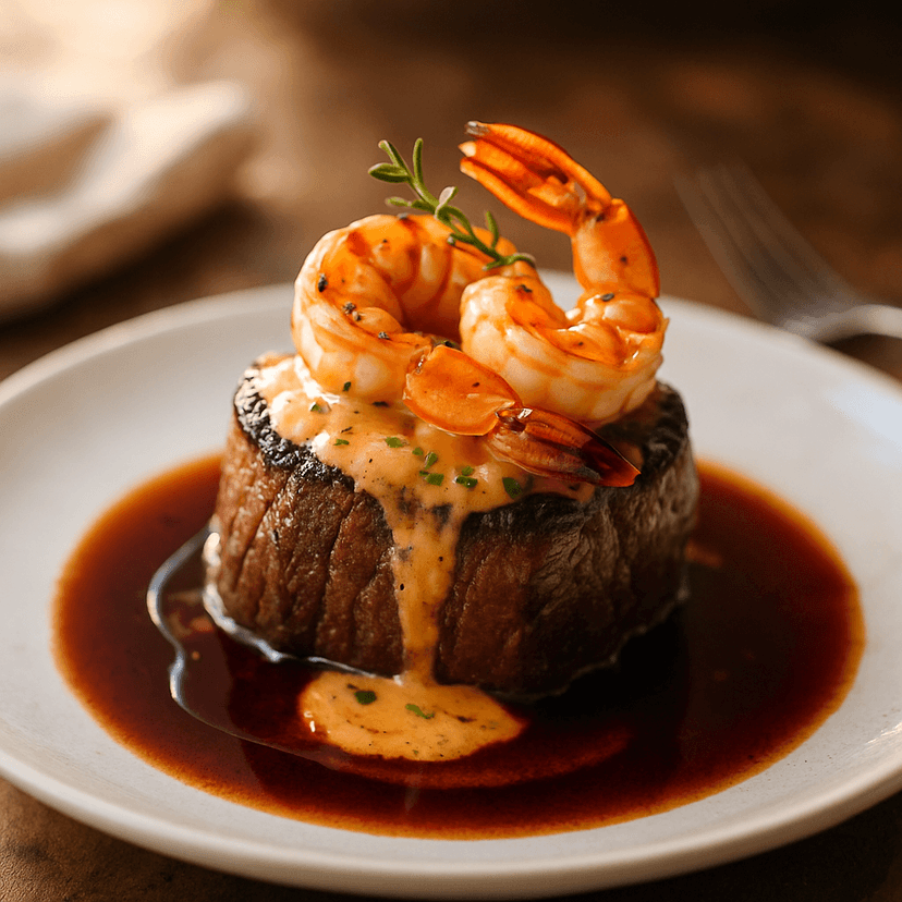 Filet Mignon with Tiger Prawns and Lobster Cream Sauce