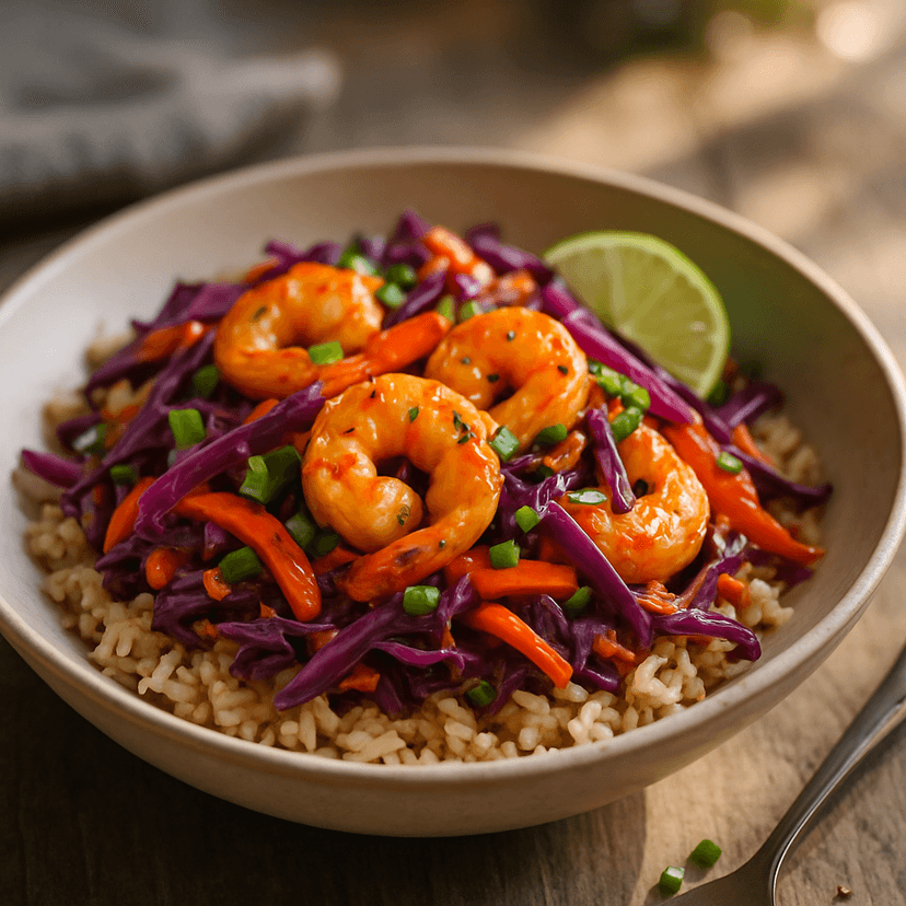Spicy Shrimp and Red Cabbage Stir Fry with Brown Rice