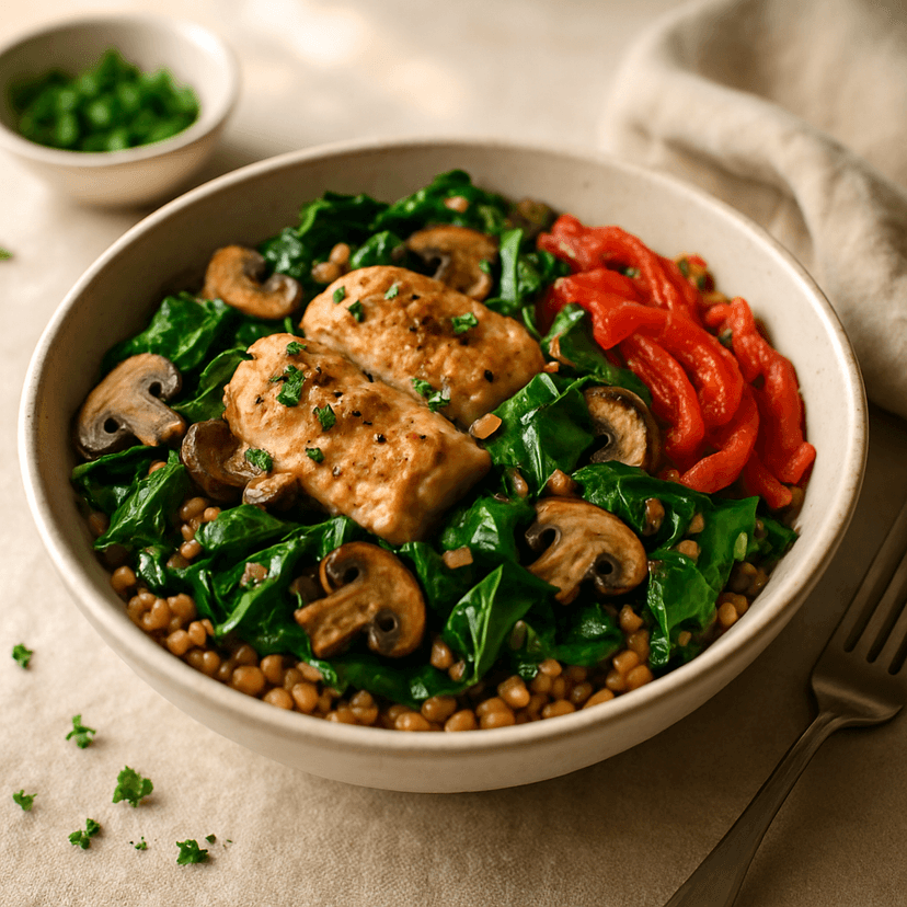 Savory Chicken Farro Bowl with Collard Greens