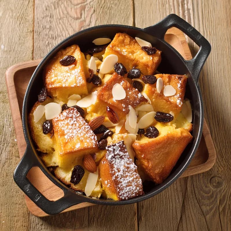 Almond Raisin French Toast Bake in a Cast Iron Skillet